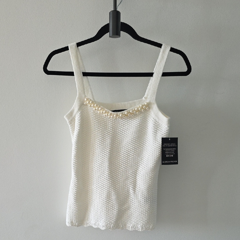 Boston Proper White Knit Tank Top with Pearl Accents